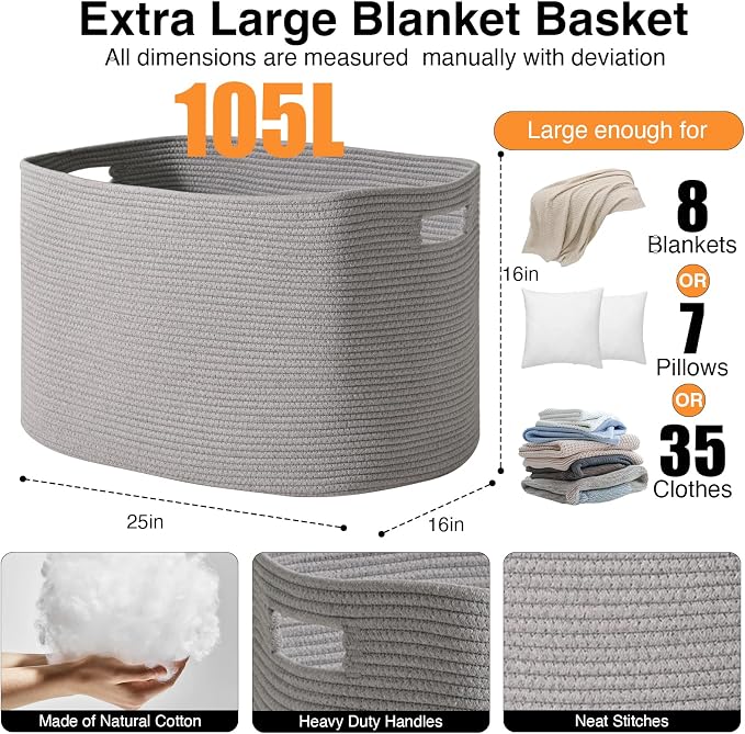 ICERZCZ Large Grey Storage Basket, Blanket Baskets for Living Room, Large Toy Basket for Storage, Woven Cotton Rope Baskets for Blankets, Clothes, Shoes, Books, Grey, 25”x16”x16” (105L)