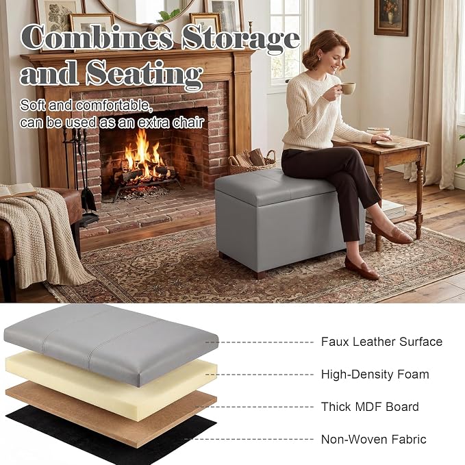 24" Leather Storage Ottoman Bench, Rectangle Foot Rest Stool for Living Room, Bedroom, Entryway, Grey