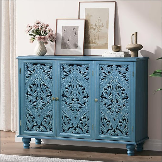 JOINICE 42.5" Accent Storage Cabinet with 3 Carved Doors,Mandala Blue | Versatile Storage for Living Room/Dining Room/Bedroom/TV Stand, Solid Wood Legs, Farmhouse/Rustic Style, Adjustable Shelf