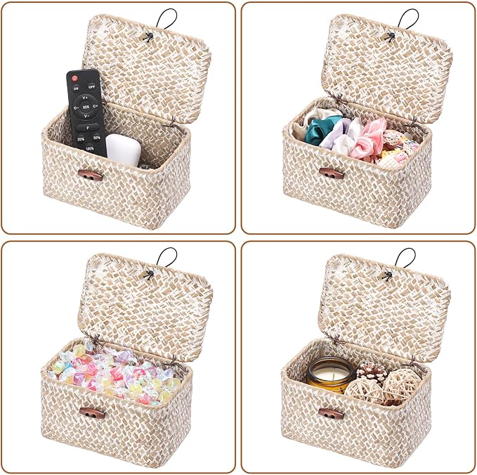Small Wicker Basket with Lid, Decorative Box for Shelf | Rectangular Bin for Keys & Remotes, Multipurpose Shelf Storage, Durable Natural Seagrass, Whitewash, 6.1"x 4"x 3.3"