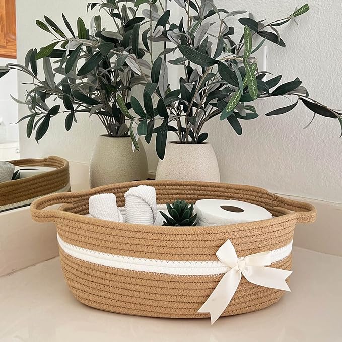 CHICVITA Small Woven Rope Gift Basket, Nursery Storage Basket, Camel | 13" x 10" x 5", Towels, Snacks, Toys & Diapers Storage, Bathroom, Nursery & Shelf Organization, Built-In Handles