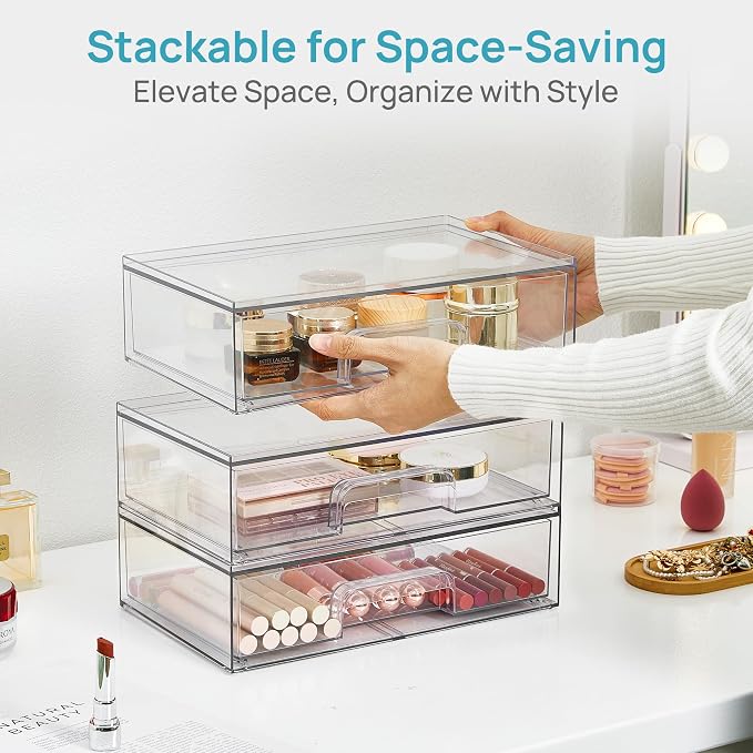 Vtopmart Clear Stackable Storage Drawers, 2 Pack Wide Plastic Organizers | Clear Pull-Out Plastic Drawers, Stackable Design for Makeup Palettes, Cosmetics, Beauty Supplies, Vanity, Cabinet and Desk