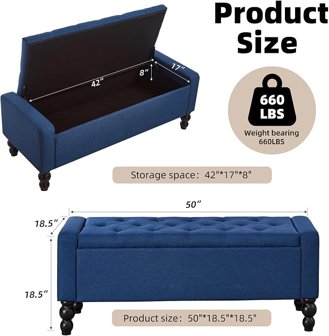 50" W Storage Ottoman Bench with Safety Hinge, Load up to 660 lb Ottoman with Storage, Upholstered Tufted Entryway Bench with Seating for Living Room, Bedroom, Entryway, Blue