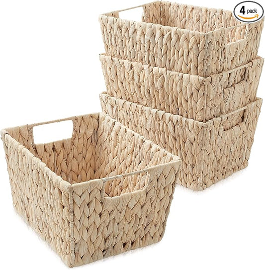 Casafield Set of 4 Water Hyacinth Storage Baskets with Handles - Whitewash White, Woven Storage Bins for Shelves, Blankets, Laundry Organization