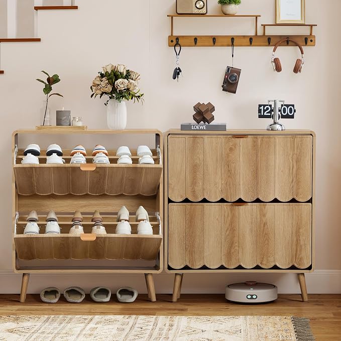 Shoe Storage Cabinet for Entryway with 2 Flip Drawers Set of 2, Freestanding Narrow Wood Shoe Cabinet with Wave Panel, Hidden Shoe Organizer for Foyer, Hallway (Natural)