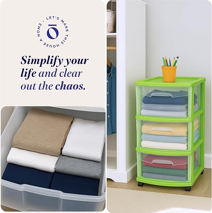 HOMZ 2-Pack Drawer Tower, 3-Tier Clear Plastic Storage Organizer Cart, Bold Lime Frame - Organizing Containers with Wheels for Home, Bathroom, Bedroom, Office, and Classroom