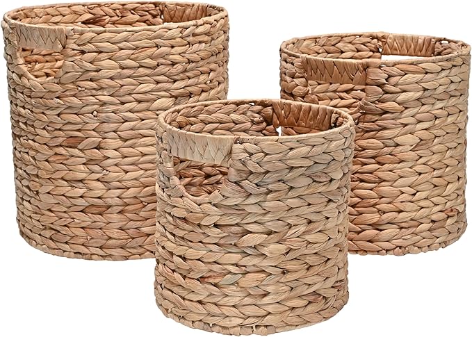 happimess Avery 3-Piece Cylinder Nesting Baskets 13", Natural | Hyacinth, Bohemian Cottage Style, Handwoven Wicker, Iron Metal Frame, Decorative Storage For Toys And Books, Built In Handles