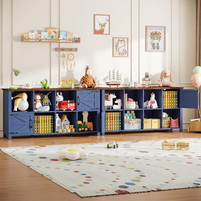 Vabches Wooden Toy Storage Organizer for Kids, Farmhouse Book & Toy Organizer with 6 Open Shelving & 2 Doors, 8-Cube Toy Shelf for Kids’ Room, Playroom & Classroom, Blue and Brown