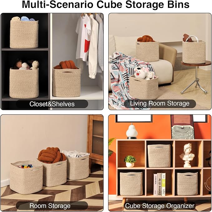 ICERZCZ 13 Inch Cube Closet Storage Bins, Woven Cotton Rope Organizer Baskets for Organizing & Shelves, Books, Towels, Clothes, Toys, 13x13x13 in, Brown (Pack of 3)