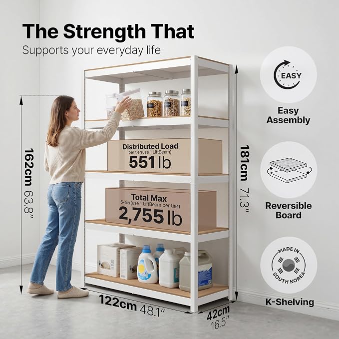 HOMEDANT House 48.1" W 5 Tier Heavy Duty Garage Shelving Adjustable Metal Rack Storage Shelves Standing Shelf Unit Organizers Industrial Warehouse Basement White 2Pack
