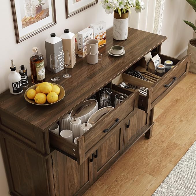 55 Inch Buffet Cabinet with Storage, Farmhouse Sideboard Buffet w/2 Drawers and 3 Doors, Wood Coffee Bar Cabinet with Adjustable Shelves, Sideboard Storage for Kitchen, Living Room, Walnut