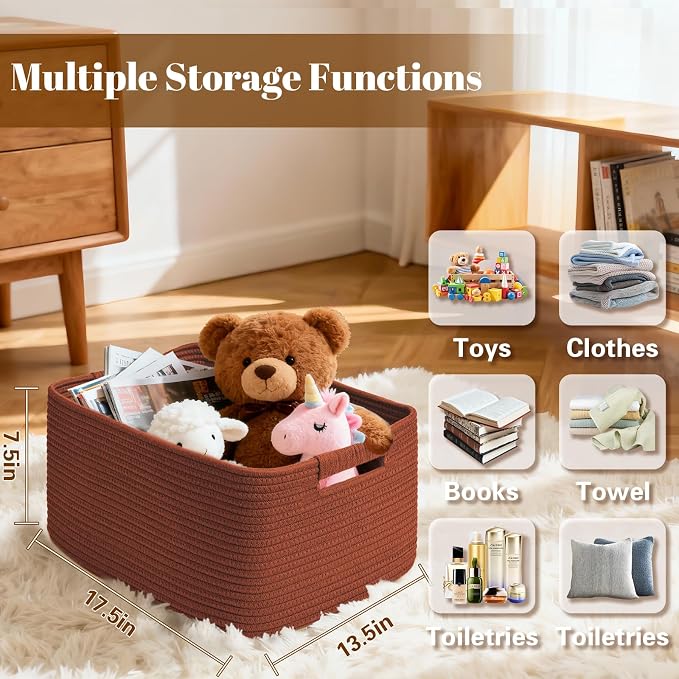 4 Pack Large Storage Basket for Organizing, 17.5"x13"x7" Woven Basket for Shelves, Closet Cube Storage Bins with Wrapped Handle, Cotton Rope Baskets for Kitchen, Clothes, Toys(Oxide Red)
