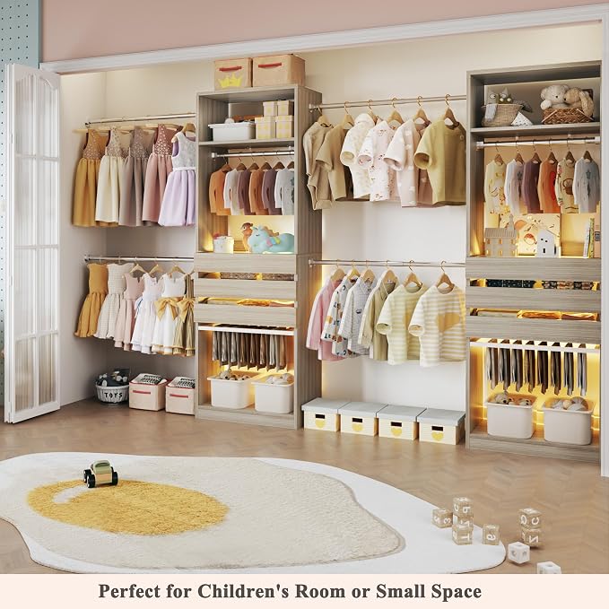 Closet System Set of 2, 5.7-10.4FT Closet Organizer System with 6 Wood Drawers & LED Glasstop, Wood Walk-in Closet with 10 Hanging Rods & 2 Trouser Rack, Built-in Garment Rack with Shelves, White Oak