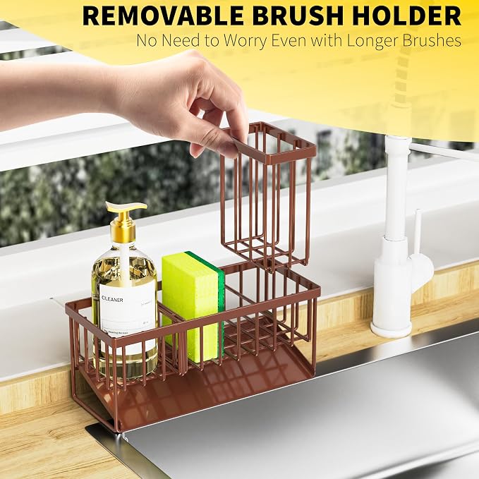 Cisily Kitchen Sink Caddy, Sponge Holder for Kitchen Sink, Kitchen Sink Organzier and Storage with High Brush Holder, Rustproof 304 Stainless Gadgets Sink Accessories(Brown)