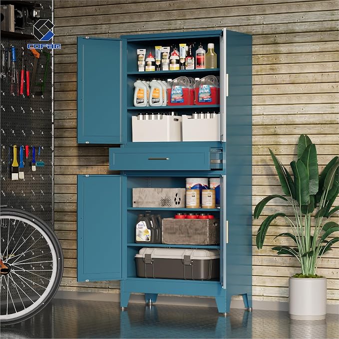 COFaR 71'' Tall Metal Pantry Cabinet with Drawer, Kitchen Storage Cabinet with 4 Doors and Shelves, Freestanding Farmhouse Food Cupboard for Kitchen Dinning Room Garage, Peacock Blue 6-Tier
