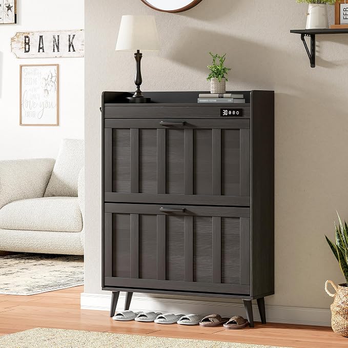 ChooChoo Shoe Storage Cabinet with 2 Flip Drawers and Deodorizer | Shoe Organizer Storage for Entryway, Freestanding Hidden Slim Narrow Shoe Rack Cabinet, Black