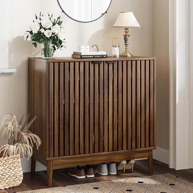 Kiasthome Shoe Storage Cabinet with Ventilated Slatted Doors, Wooden Shoe Organizer, Shoes Rack for Entryway, Hallway, Living Room
