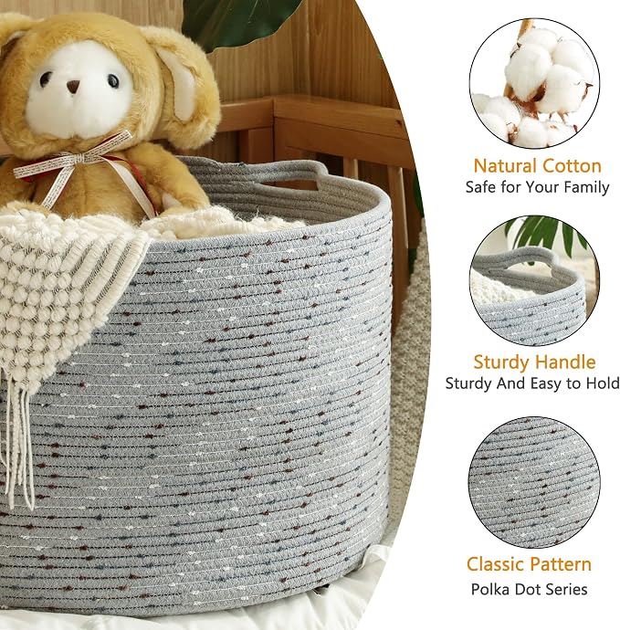 KAKAMAY Large Blanket Basket (20"x13"),Woven Baskets for storage Baby Laundry Hamper, Cotton Rope Blanket Basket for Living Room, Laundry, Nursery, Pillows, Grey with Blue & Brown Dotted | Extra Large Capacity | Natural Cotton Rope | Blanket Storage | ...