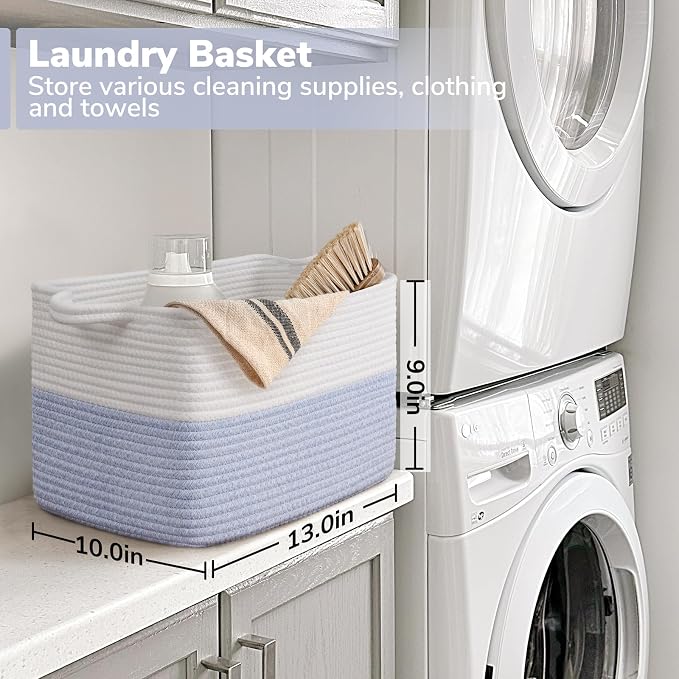 Goodpick Rectangle Woven Storage Basket, 13" x 10" x 9", Light Blue | Dog Toys, Books & Shoes Storage, Closet & Shelf Organization, Built-In Handles, Decorative Gift Baskets Empty