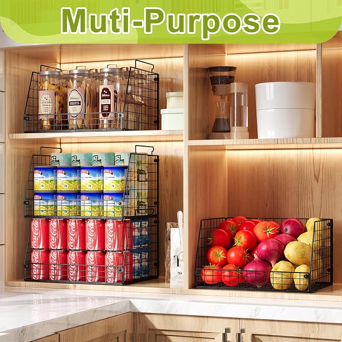Jakyitvi 4 Pack XXL Stackable Wire Storage Basket, Extra Large Capacity Pantry Organizer and Storage, Muti-Purpose for Vegetable Fruit Basket & Can Organizer & Snack Rack & Metal Pantry Bin
