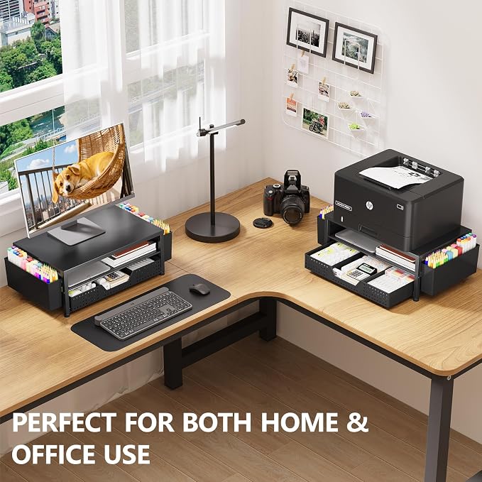 OPNICE Desk Organizers and Accessories, Computer Monitor Stand Riser with Drawer and 2 Pen Holders, Printer & Laptop Stand, Office Desk Accessories & Workspace Organizers for Home Office Supplies, Black
