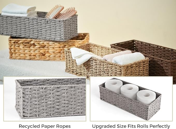 StorageWorks Bathroom Basket Organizer, Wicker Toilet Paper Basket, Gray | Long Narrow Wicker Baskets for Bathroom Decor, Paper Rope Toilet Tank Baskets for Tank Topper, 2 Pack