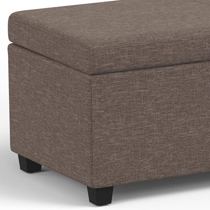 SIMPLIHOME Avalon 54" Wide Vegan Leather Storage Ottoman in Brown | Contemporary lift-top ottoman with high-density foam; rectangle storage bench or coffee table for living room or entryway.