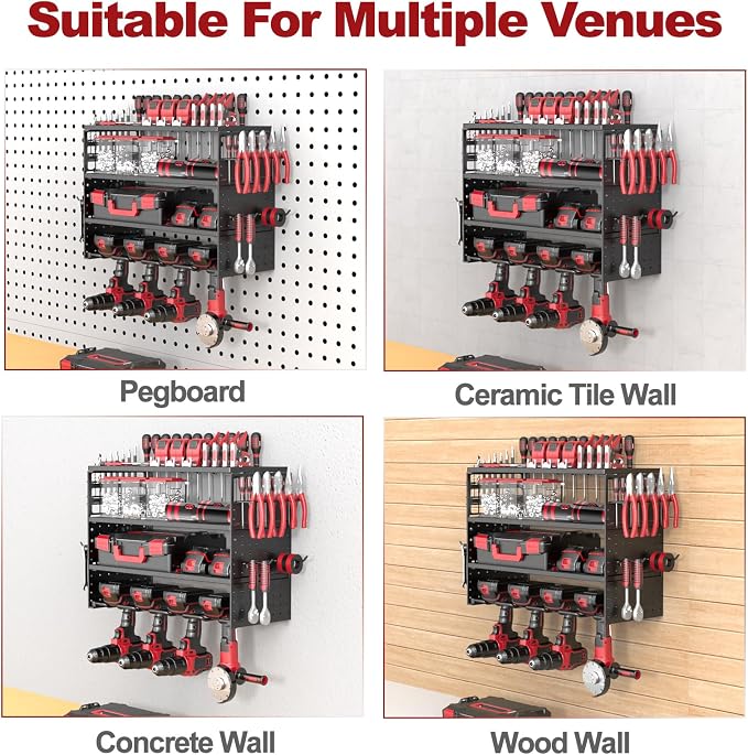 16" Metal Power Tool Organizer Wall Mount,4 Tier,Black | Heavy-Duty Metal,200 LBS Capacity,4 Cordless Drill Holders,Adjustable Hooks,Tool Shelf for Garage Workshop Shed,Pegboard