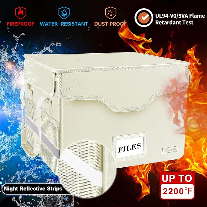 DocSafe Fireproof Document Box with Lock,File Storage Organizer with Zipper Pockets,Collapsible Portable File Box Home Office Safe Filing Cabinet with Handle for Hanging Letter/Legal Folders,Beige