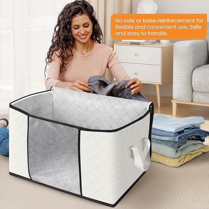 Fab totes 24 Gallons Clothes Storage, Foldable Thick Fabric Blanket Storage Bags, Containers for Organizing Bedroom, Closet, Clothing, Comforter, Organization with Handle (8 Pack,Ivory)