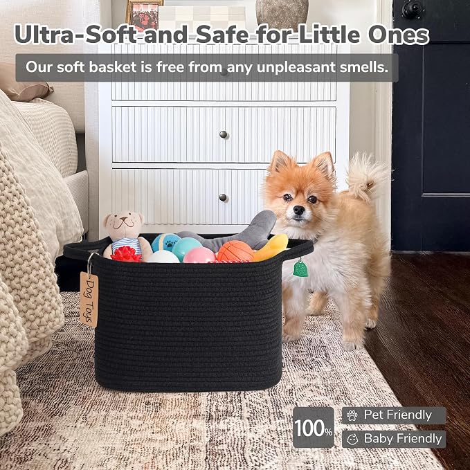 Goodpick Small Woven Storage Basket with Handles, Rectangle, Black | 13 × 10 × 9 in, Cotton Rope, Shelf Organization, Toys, Towels & Books Storage, Living Room & Bathroom Organization