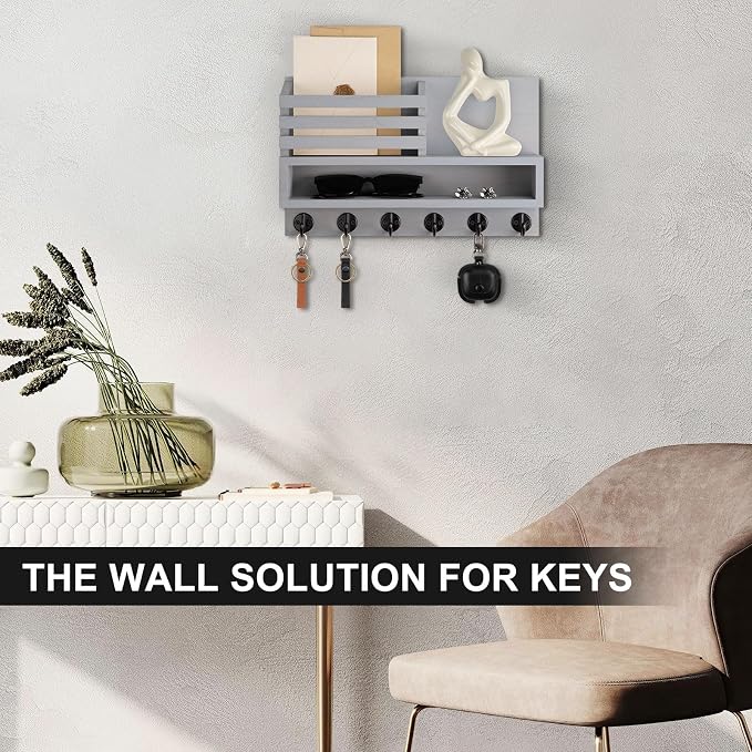 Key and Mail Holder Wall Mount, Key Hanger with Long Storage Box and Key Hooks for Coat, Dog Leash, Home Decor Rack, House Accessories, Entry Way Organizer