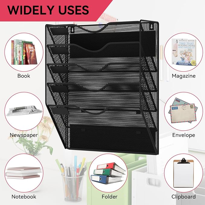 5-Tier Magnetic File Holder, No Drilling Wall File Organizer, File Folder Bins, Mail & Magazine Rack, Magnetic Paper Document Holder for Refrigerator File Cabinets Whiteboard, Black