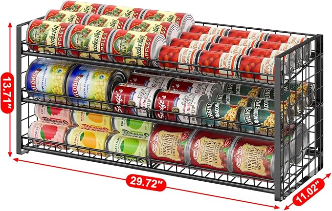 3 Tier Stackable Can Rack Organizer for Pantry Shelf, Adjustable Extra-Long Can Holder for Kitchen Storage, Sturdy Standing Rolling Can Dispenser for Canned Food Goods Drink Soup up to 96, Black