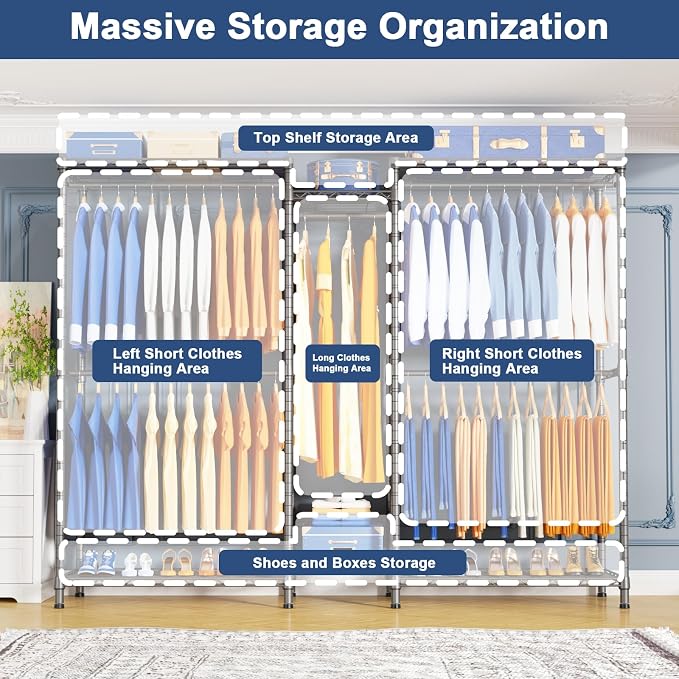 E12 Pro Clothes Rack，Heavy Duty Freestanding Garment Rack with Shelves，Metal Clothing Closet Storage System for Hanging Clothes，71" W x 16" D x 76.5" H, Hold 960 lbs，Grey