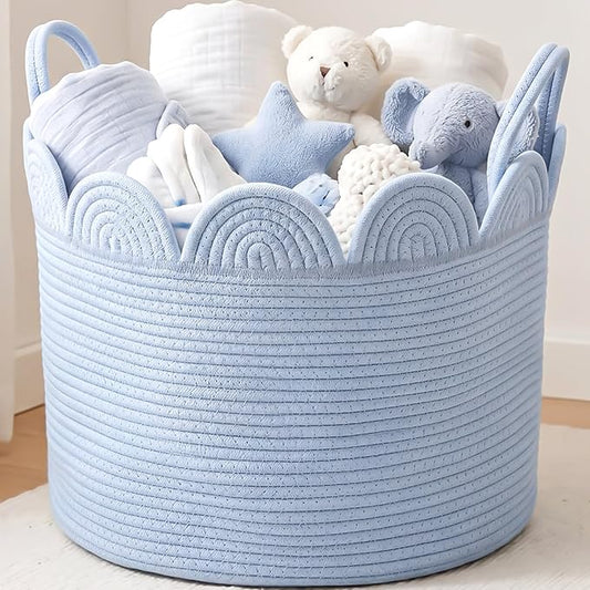 LemonRoad Blue Round Basket Large Blanket Basket 16" x 14" Scalloped Woven Baskets Cotton Storage Baskets for Nursery Classroom Closet Blankets Storage Home Decor