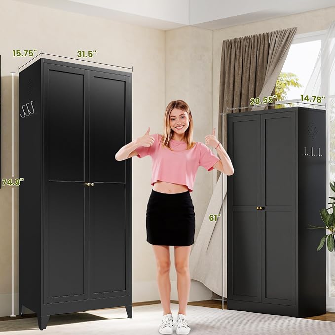 AQY 75" Pantry Cabinet, Black Freestanding Storage Cabinet with 5 Adjustable Shelves, Metal Pantry Cupboard with Ventilation Design & Hanging Hooks, 2-Door Kitchen Organizer for Living Room Kitchen | 5 Adjustable Shelves • Ventilated Metal Cabinet • Ha...