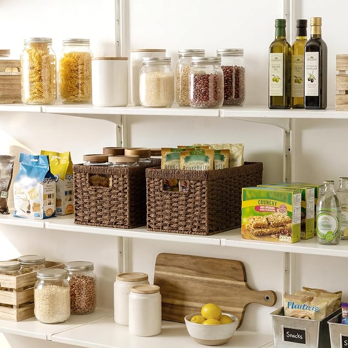 StorageWorks Round Paper Rope Storage Baskets, Rectangular Wicker Baskets with Built-in Handles, Medium, 2-Pack