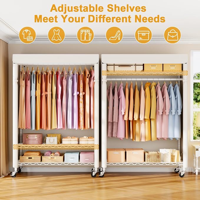 P6C Plus Rolling Clothes Rack with Cover, Covered Clothing Rack | Portable Closets for Hanging Clothes, Heavy Duty Garment Rack on Wheels, White Closet Rack with White Cover, Max Load 375LBS
