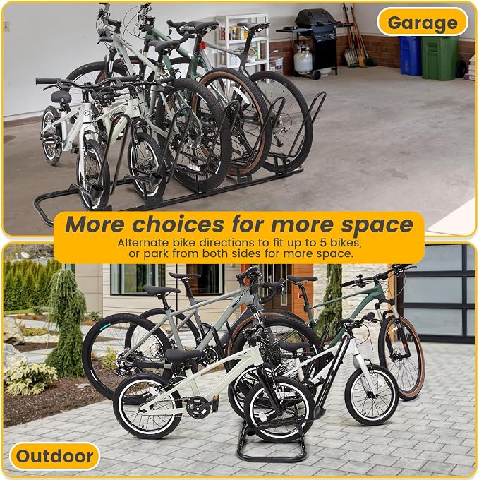 Kingarage Floor Bike Rack for 5 Bikes, Safeguard Disc Brakes & Derailleurs Design, Waterproof Bicycle Stand Indoor/Outdoor/Garage Use, Fits 12"-29" Tires, Upgraded 0.63" Steel Tubes for Stability