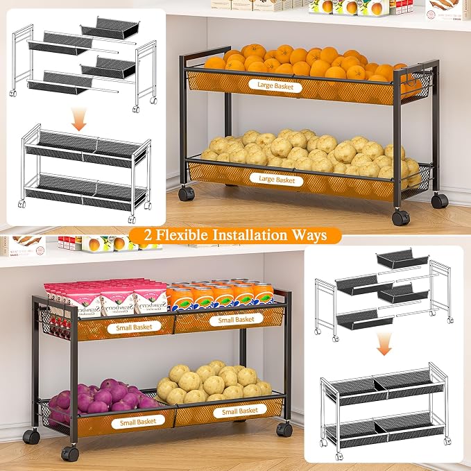 3IngSeagulls 2-Tier Expandable Rolling Pantry Floor Organizer, Stackable Pantry Storage Cart with Wheels, Kitchen Fruit and Vegetable Storage Rack for Onion, Potato, Food, Snacks