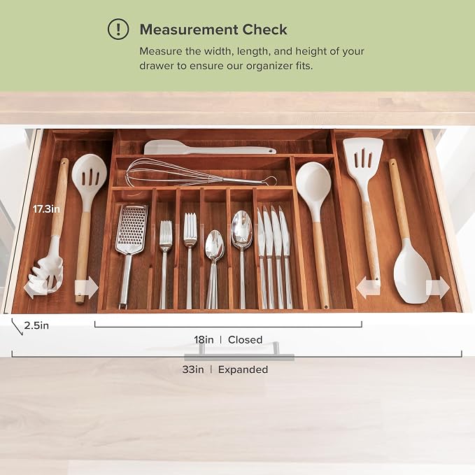KitchenEdge Silverware & Utensil Drawer Organizer, 18-33 in, Acacia | Cutlery, flatware, food-safe contract grade, kitchen drawer fit