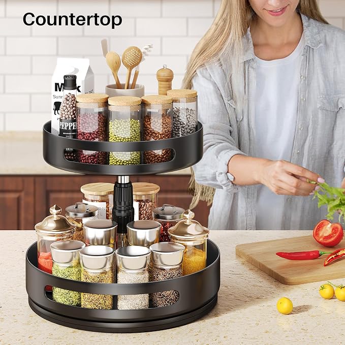 Lazy Susan Spice Rack Organizer for Cabinet, 2-Tier Metal, 10 in | Height Adjustable, 360-Degree Rotation, Spice Turntable for Table Top, Kitchen Pantry