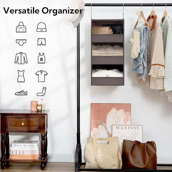 GRANNY SAYS 3 Shelf Hanging Closet Organizers and Storage, Collapsible Closet Storage Organizer with 2 Metal Hooks, Leak-Proof Hanging Shelves for Baby Clothes, Sweaters, 2 Pack, Dark Brown