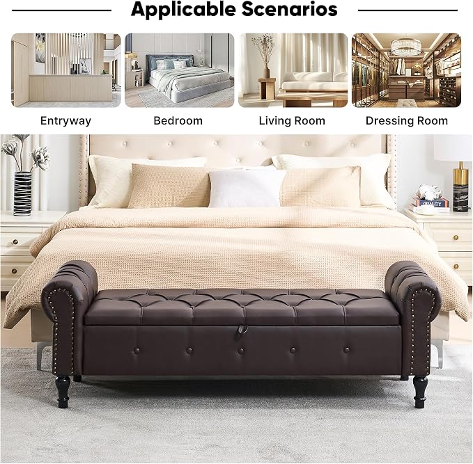 Storage Bench 67" Faux Leather End of Bed Benches Dark Brown | King Size Storage Bench for Bedroom with Rolled Arms Tufted Ottoman Benches Upholstered Bench for Living Room Entryway