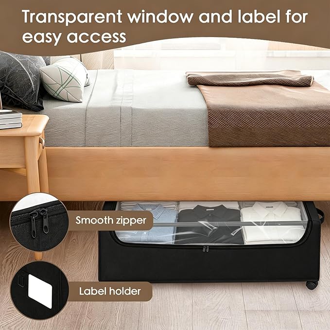 Under Bed Storage with Wheels, 4-Pack Under the Bed Storage Containers with Clear Lids & Label, Underbed Storage Bins, XXXL 85L 11 inches Rolling Metal Drawer for Clothes, Shoes, Toys, Books - Black