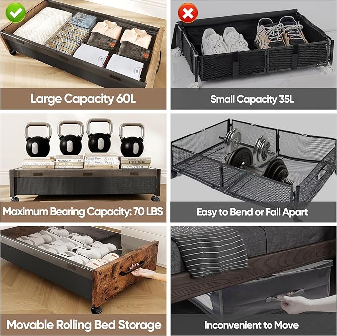 KITHELP Wooden Under Bed Storage with Wheels, Rolling Under the Bed Storage Bins with Removable Lid, Metal Under Bed Drawers for Clothes and Shoes in Bedroom or Living Room(Walnut Brown-1pack)
