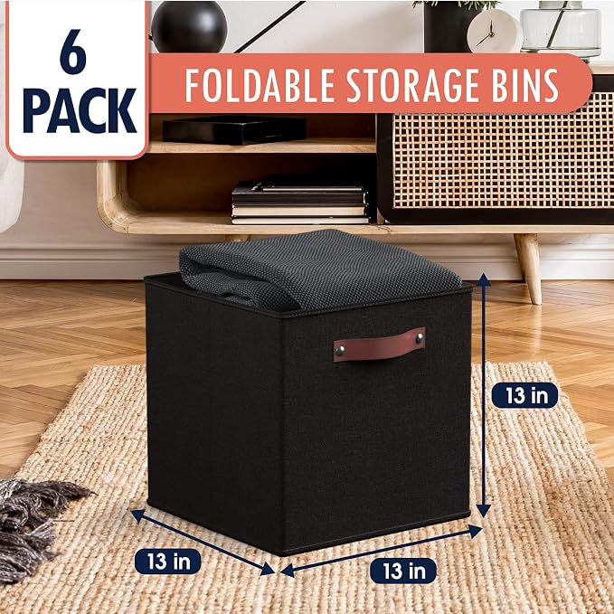 Ornavo Home 13x13 Foldable Fabric Storage Cube Bins, 6 Pack, Black | Collapsible Linen Shelf Basket Organizer; Leather Handles; Ideal Cube Storage For Closet