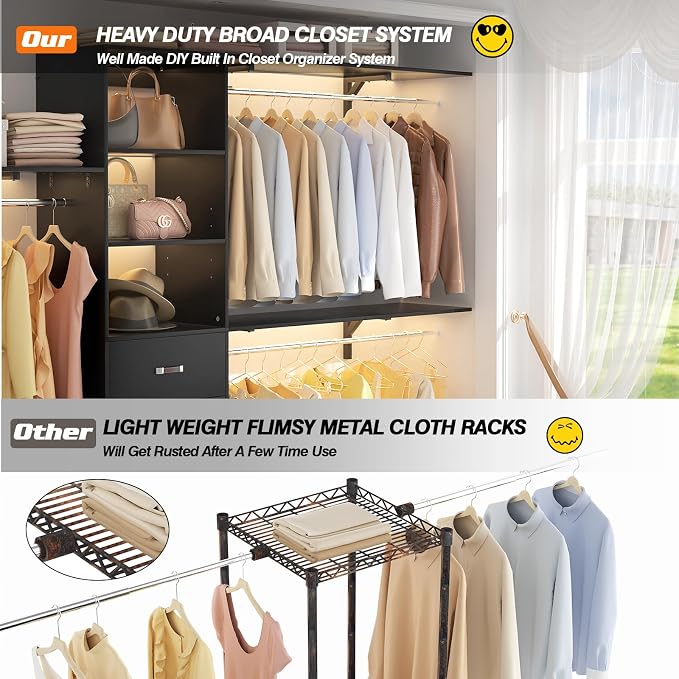 120 Inches Closet System, 10FT Walk In Closet Organizer with 3 Shelving Towers, Heavy Duty Clothes Rack with 3 Drawers, Built-In Garment Rack, 120" L x 16" W x 75" H, Max Load 1300 LBS, Black