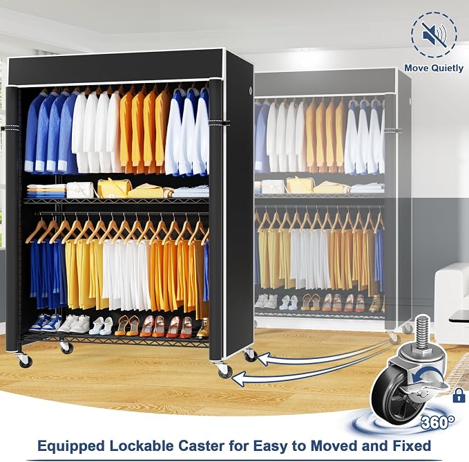ULIFHOME P8C Pro Heavy Duty Clothes Rack（With Extended Width Design） Rolling Clothing Racks for Hanging Clothes with Lockable Wheels，42" W x 15.8" D x 80.5" H，Load 700LBS，Black Rack with Black Cover